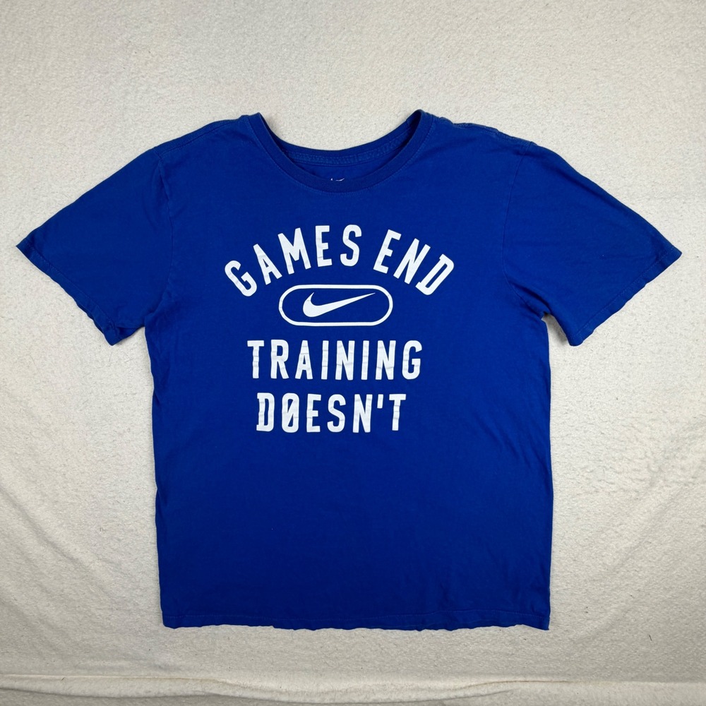 Nike Mens T-Shirt M Blue Games End Training Doesnt Graphic Athletic Cut Swoosh